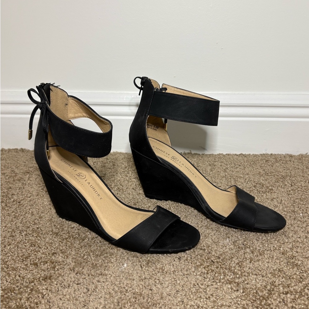 Chinese Laundry Black Ankle-Tie Wedge Sandals